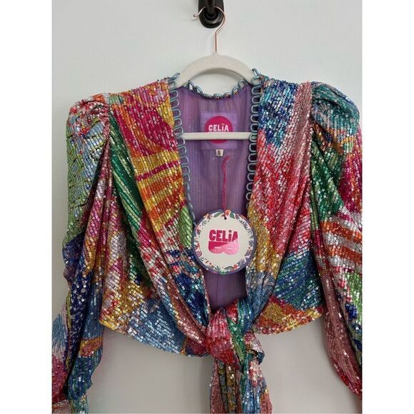 Celia B Fuji Tie Front Sequined Crop Top Multicolor Women’s Size Small - Picture 15 of 16